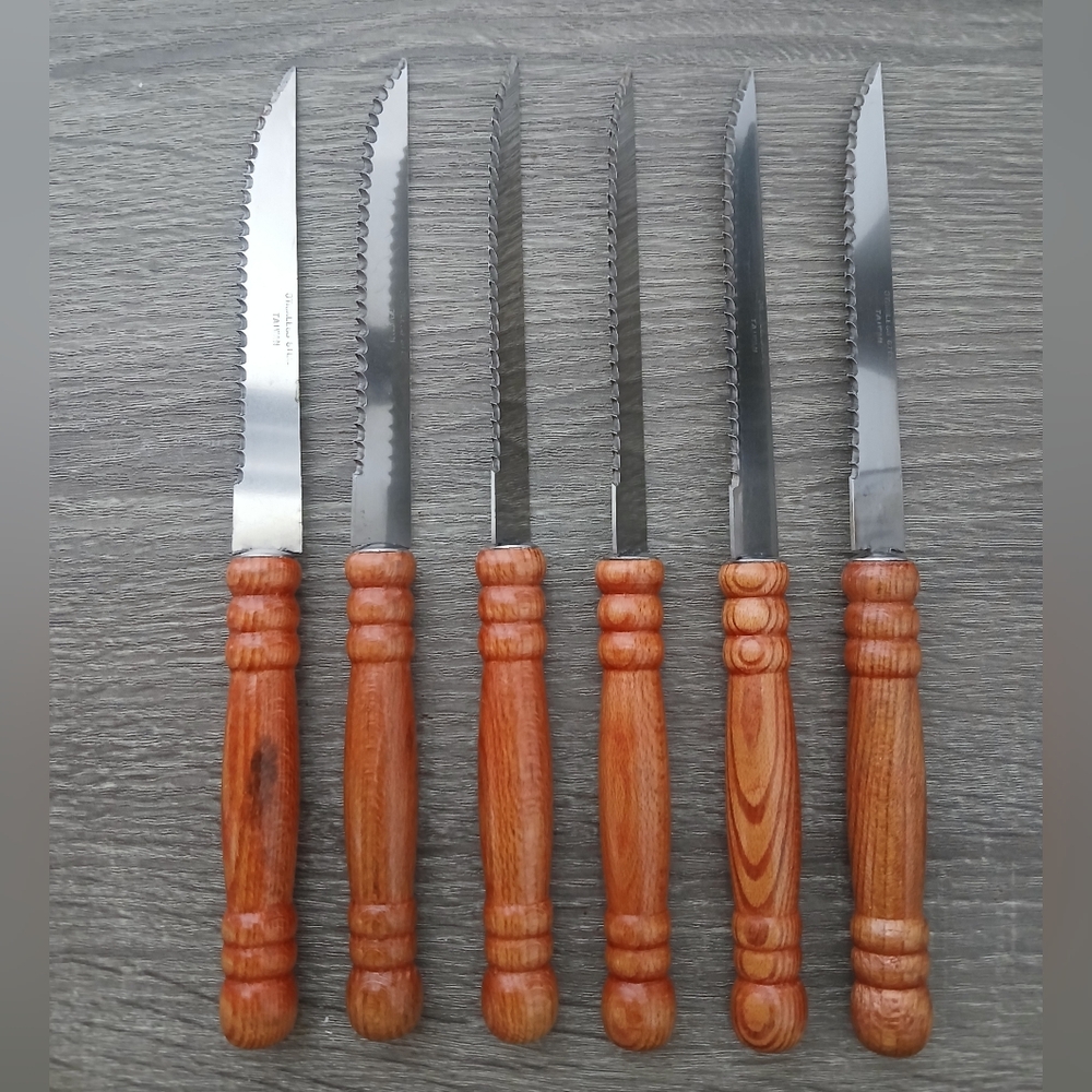 Vintage Wooden Handle Stainless Steel Steak Knife Set Taiwan